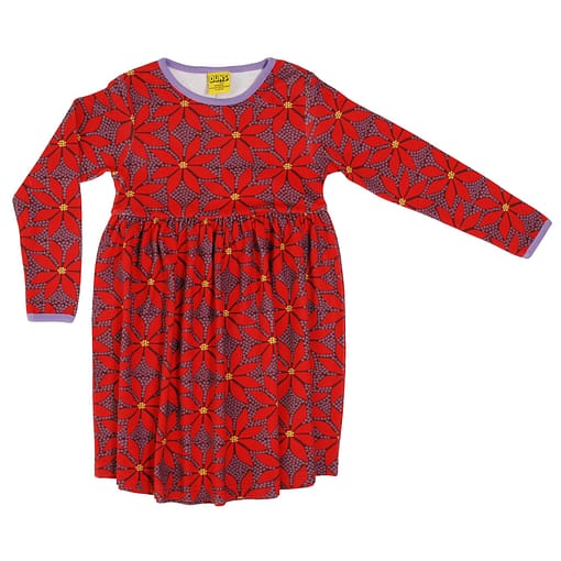 DUNS Sweden Poinsettia on wine red organic cotton twirly dress (152cm Age 11-12)