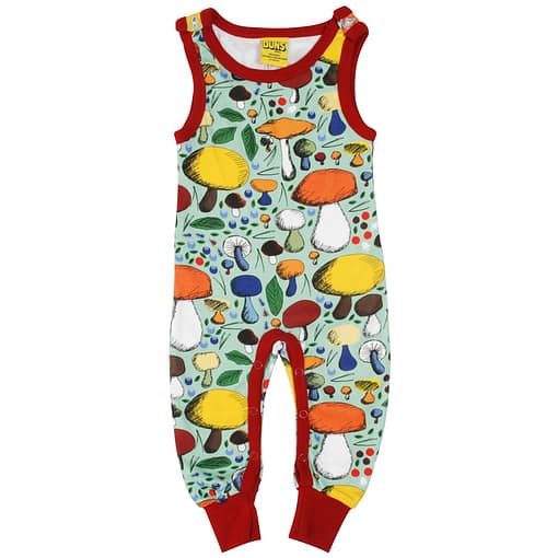 DUNS Sweden Mushroom Forest on jade organic cotton dungarees