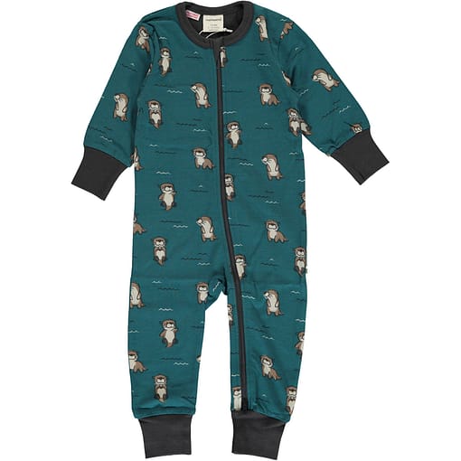 Maxomorra curious otter organic long sleeve zip romper