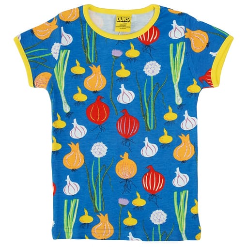 DUNS Sweden garlic and onion on blue organic cotton t-shirt