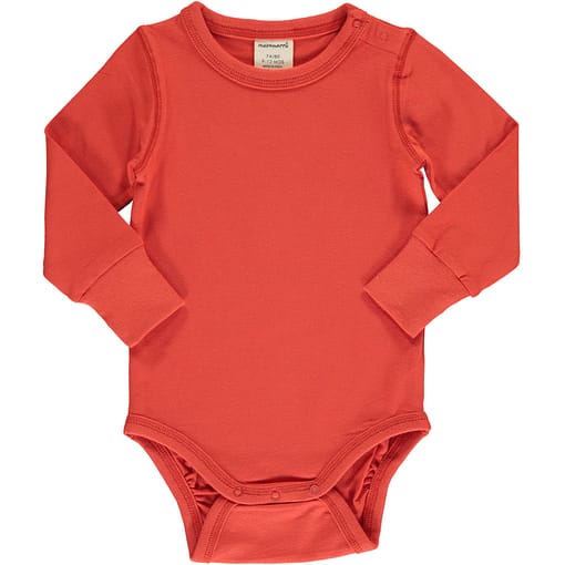 Rowan red solid colour long sleeve organic baby vest by Maxomorra