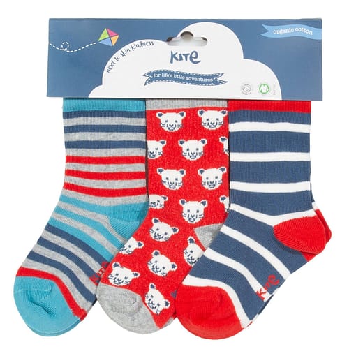 Cool cat and striped socks in organic cotton by Kite - 3 pack