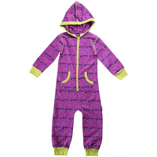 Organic cotton children's hooded onesie pyjamas in purple roller skate print by Maxomorra
