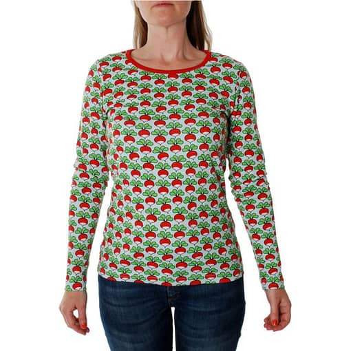 DUNS Sweden organic cotton ladies top in Conkers print on pale green 2