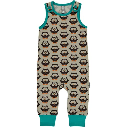 Owls print on brown organic cotton dungarees by Maxomorra (74-80cm 9-12m) 1
