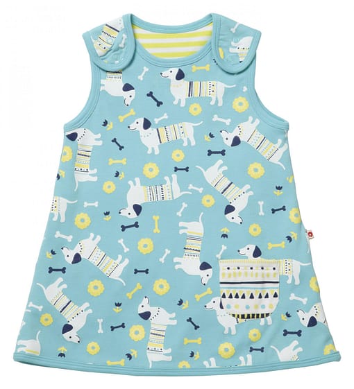 Sausage dog dress by Piccalilly on blue organic cotton