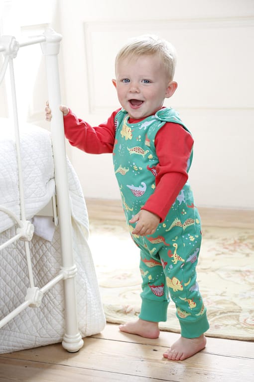 Dinosaur dungarees by Piccalilly on green organic cotton (3-6m) 3