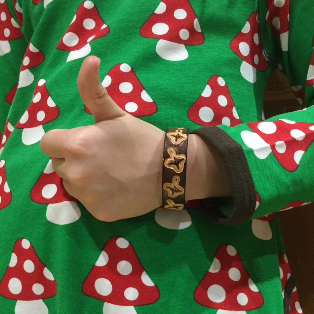Toadstools on handmade brown leather bangle 2 Toadstools on handmade brown leather bangle - Image 2