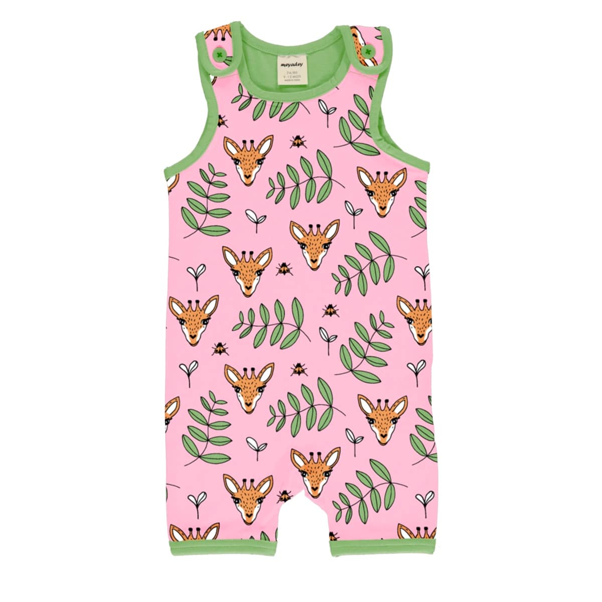 Meyadey Giraffe print playsuit in bright pink ethical cotton 1 Meyadey short dungarees giraffe