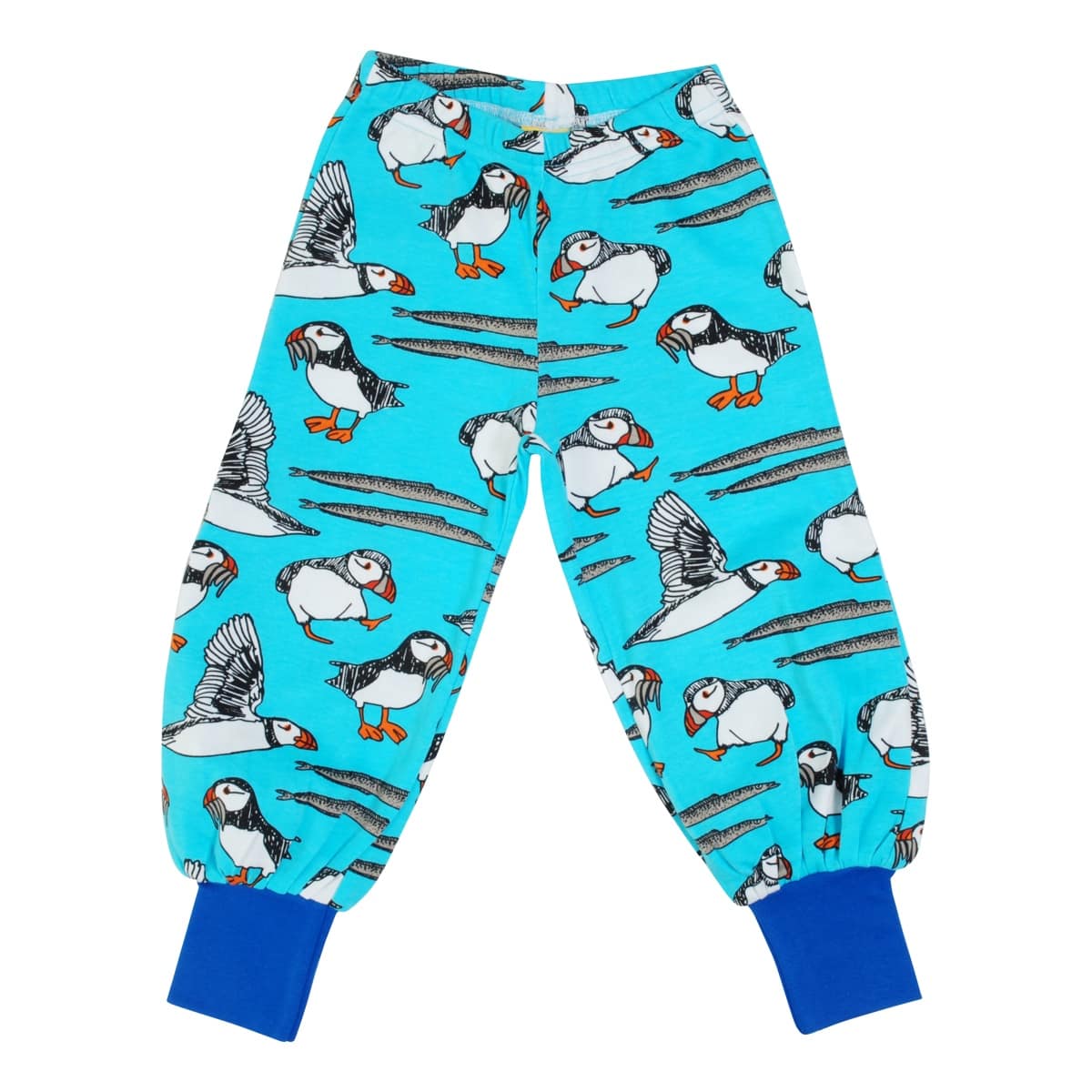 DUNS Sweden puffins on blue organic cotton baggy pants 1 DUNS Sweden baggy pants puffin
