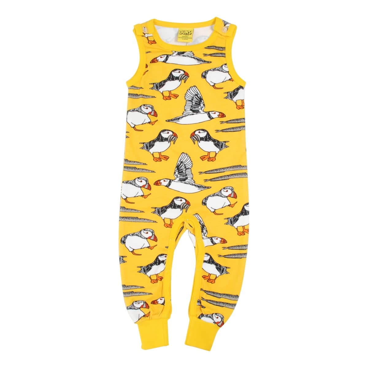 DUNS Sweden puffins on yellow organic cotton dungarees 1 DUNS Sweden puffins on yellow dungarees