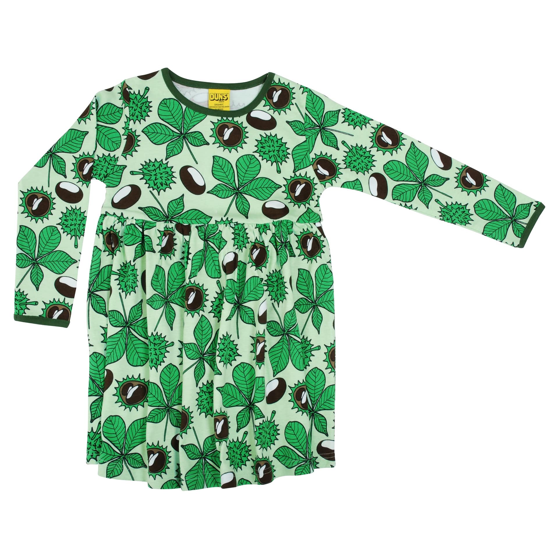 DUNS Sweden Chestnut Conkers on green organic twirly dress 1 DUNS Sweden twirly dress conkers